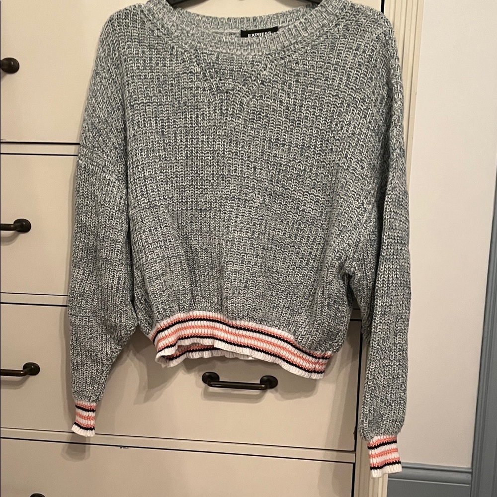 Green/white Pullover Sweater with Pink, Black, & White Striped Trim